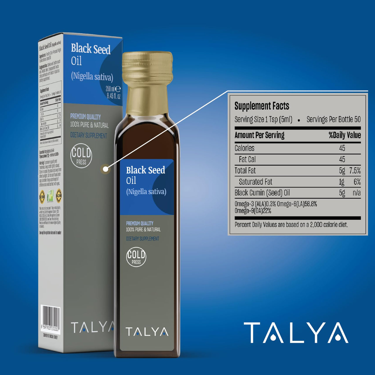 TALYA Black Seed Oil 8.45 fl. oz (250 ml) - Liquid Black Seed Oil - Dietary Supplement - Immune Support - High Thymoquinone - Cold Pressed - Pure Turkish Black Seed Oil - Non-GMO - Glass Bottle