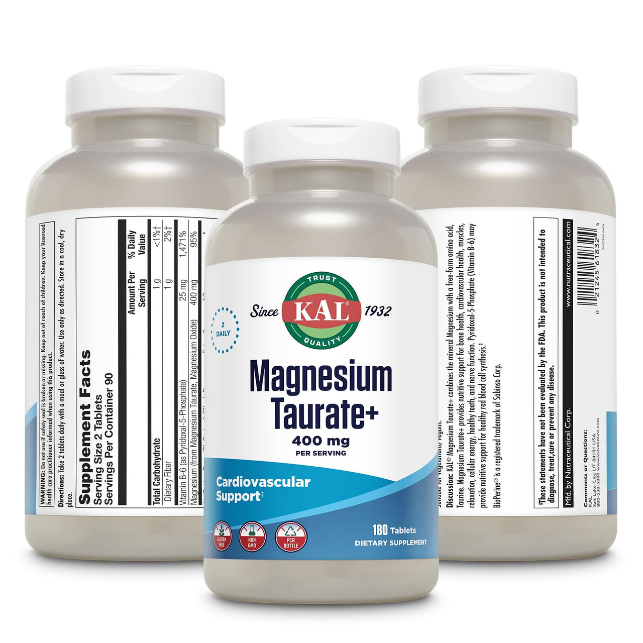 KAL Magnesium Taurate 400mg Plus CoEnzyme Vitamin B6, Chelated Magnesium Supplement, Muscle Function, Gluten Free, Vegan, 90 Serv, 180 Tablets