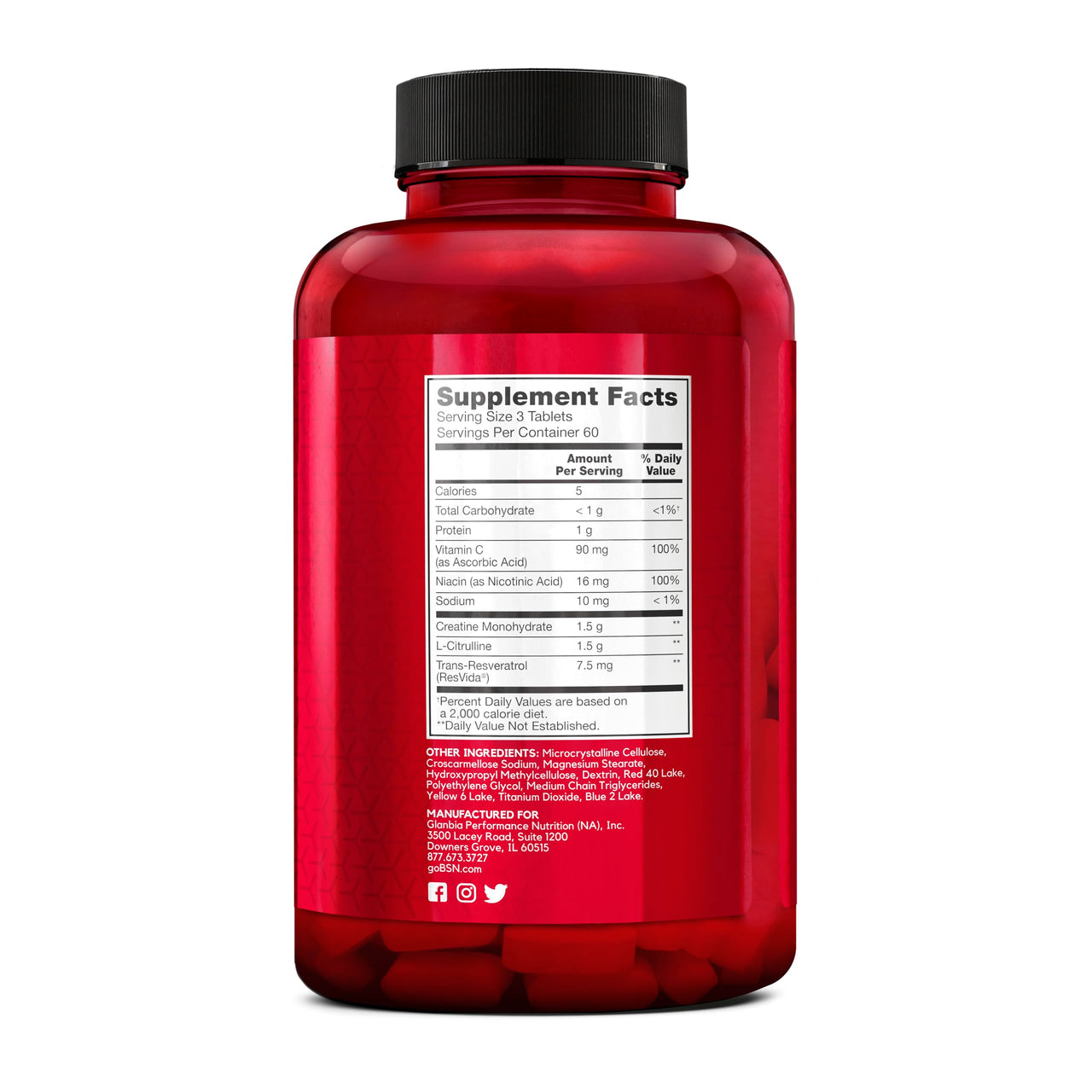 BSN NITRIX 2.0, Workout Supplement, Nitric Oxide Precursors, 3g Creatine, 3g L Citrulline, L-Citrulline, Supports Workout Performance, Pumps, Muscle Recovery and Endurance, 180 Tablets, 60 Servings