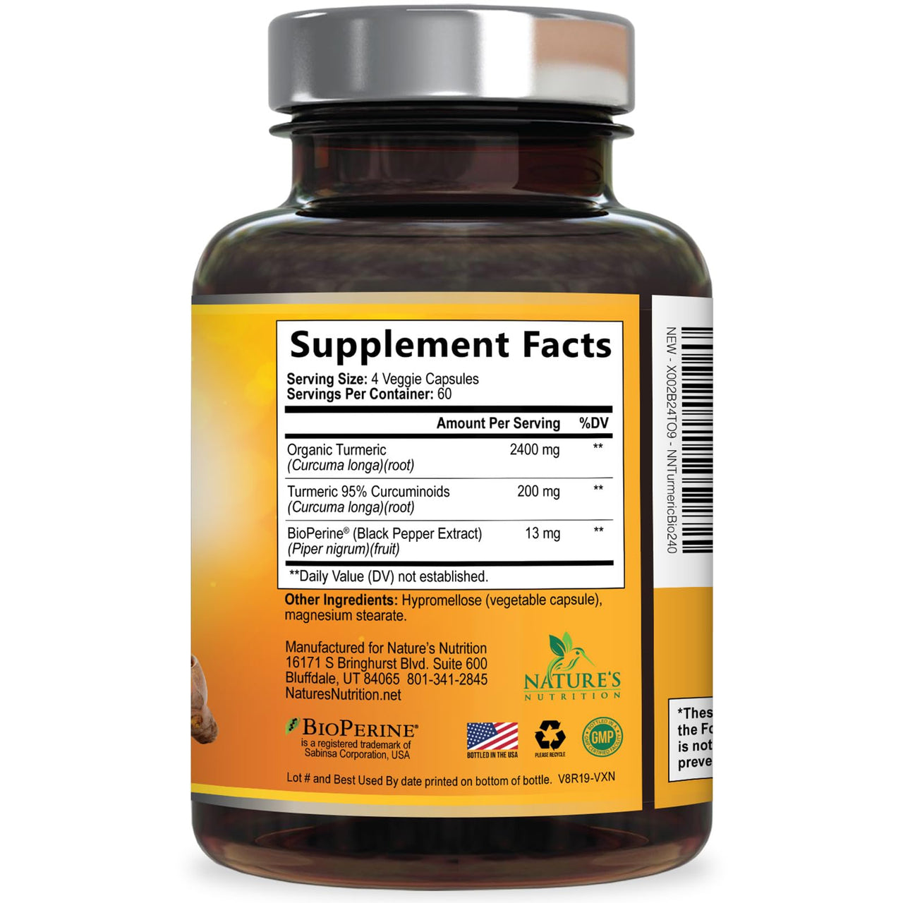 Turmeric Curcumin Supplement - 2400mg Organic Turmeric Per Serving - 95% Curcuminoids & BioPerine Black Pepper Extract for Best Absorption - Natural Vegan Joint Support, Bottled in USA - 240 Capsules
