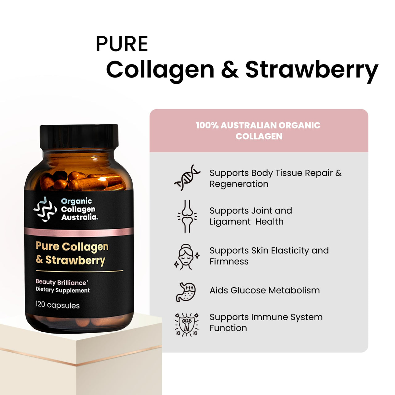 Organic Collagen Australia Beauty Brilliance Pure Collagen & Strawberry Capsules, 120 Count