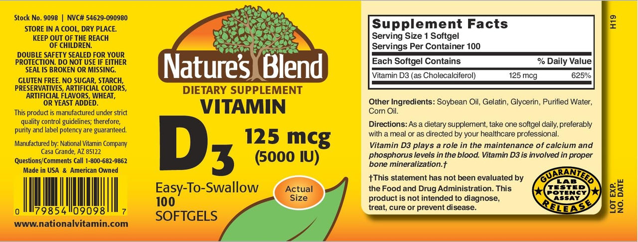 Nature's Blend Vitamin D3 125 MCG (5000 IU) Easy-to-Swallow, 100 SOFTGELS