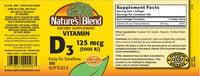 Thumbnail for Nature's Blend Vitamin D3 125 MCG (5000 IU) Easy-to-Swallow, 100 SOFTGELS