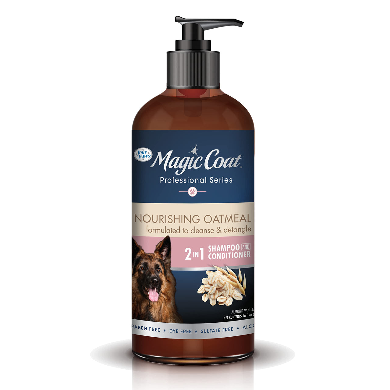 Four Paws Magic Coat Professional Series Nourishing Oatmeal 2-in-1 Detangling Dog Shampoo and Conditioner, Paraben & Sulfate Free Dog Wash, Almond Vanilla Scent, 16 Ounce