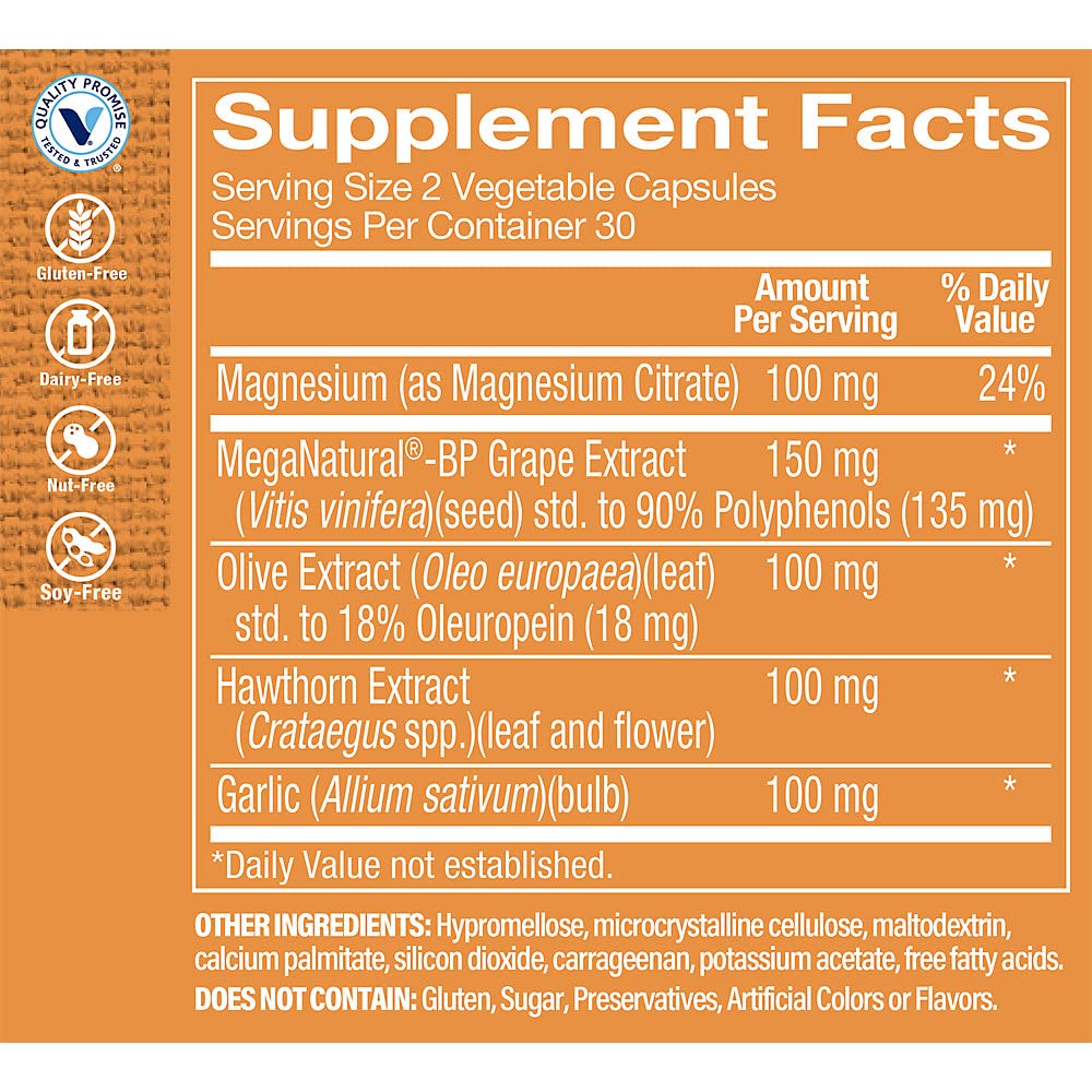 The Vitamin Shoppe Blood Pressure Support - Cardiovascular Health Formula | Heart-Healthy Nutrients | 60 Capsules | Circulatory