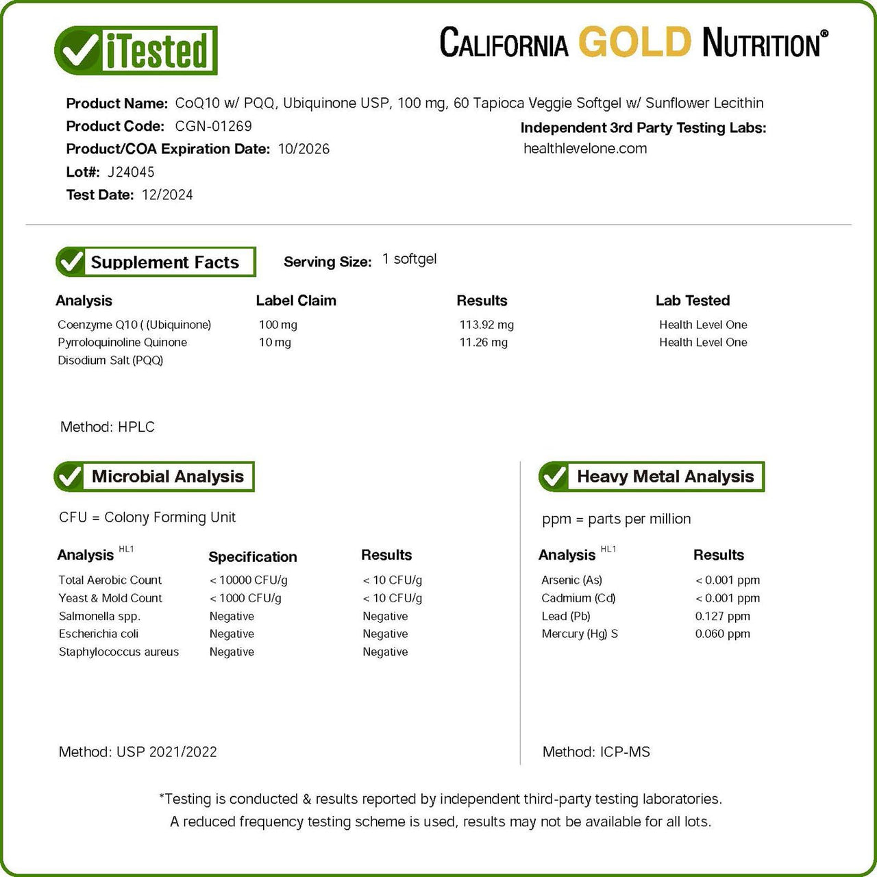 California Gold Nutrition CoQ10 with PQQ, Ubiquinone USP, Tapioca Veggie Softgel with Sunflower Lecithin, 100 mg, 60 Veggie Softgel
