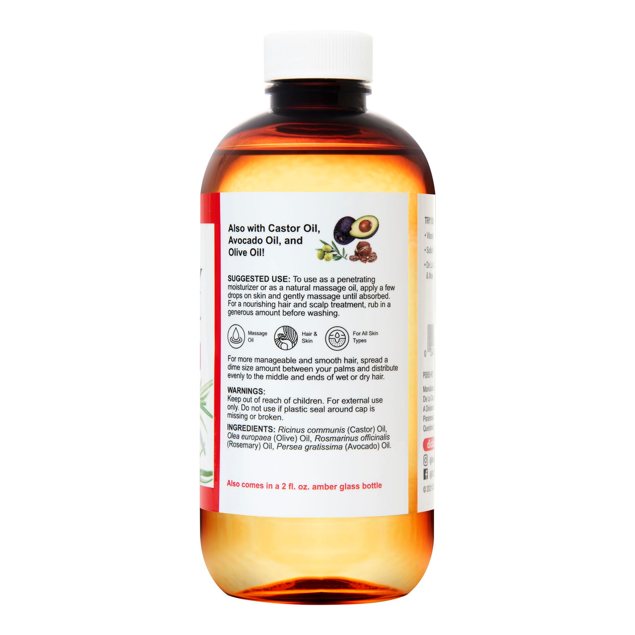 De La Cruz Rosemary Oil Blend Moisturizer with Castor, Avocado and Olive Oil - Topical Use Only 8 FL. OZ. (236 mL)