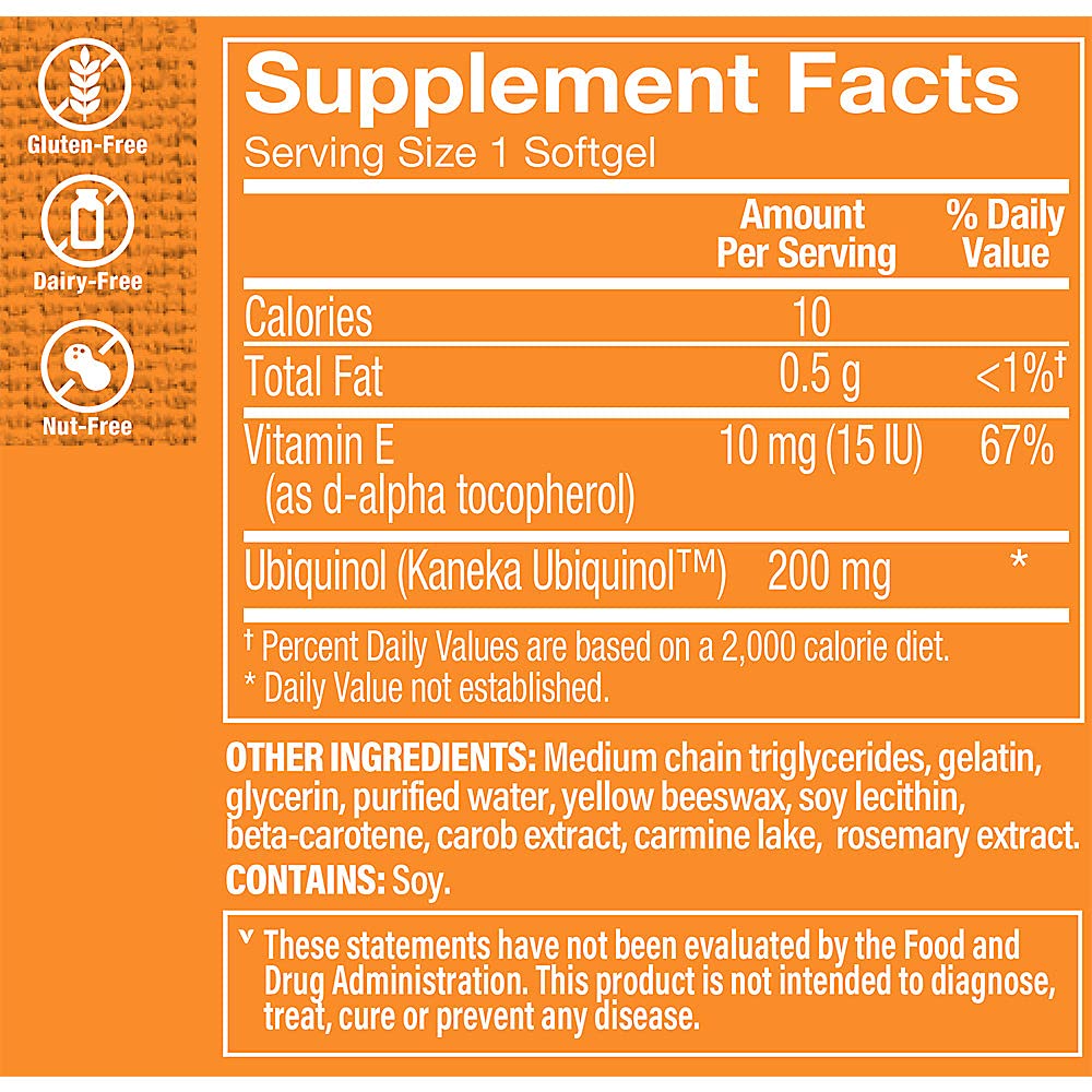 The Vitamin Shoppe Ubiquinol CoQ-10 200mg - Beneficial for Those Taking Statins – Supports Heart & Cellular Health and Healthy Energy Production, Essential Antioxidant – Once Daily (60 Softgels)