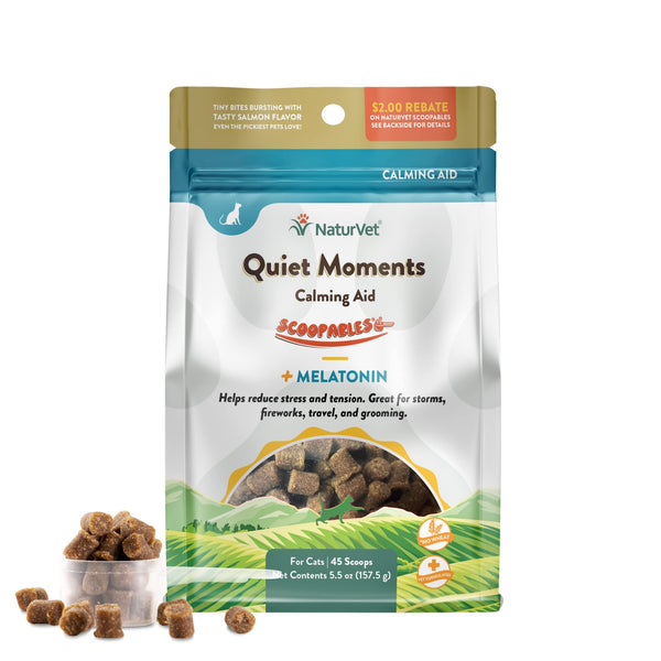 NaturVet Scoopables Quiet Moments Cat Calming Aid - Promotes Calm with Stressful Events Storms, Fireworks, Travel, Separation Anxiety - Cat Health Supplement w/Melatonin - Salmon Flavored | 5.5oz Bag