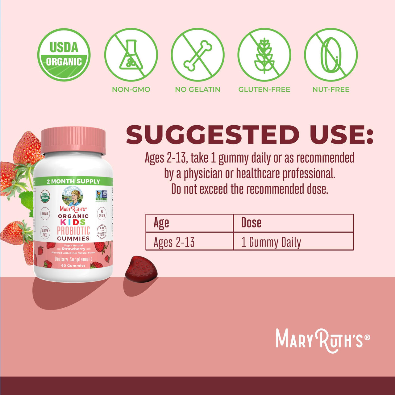 MaryRuth Organics Kids Probiotics for Digestive Health | USDA Probiotic Gummies | 2 Month Supply | Kids Probiotics | Immune Support | Gut Health Supplement | Vegan | Non-GMO | Gluten Free | 60 Count