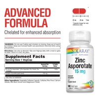 Thumbnail for Solaray Zinc Asporotate 15mg Chelated Complex | Immune & Endocrine Support, Cell & Skin Health Formula, 100 VegCaps