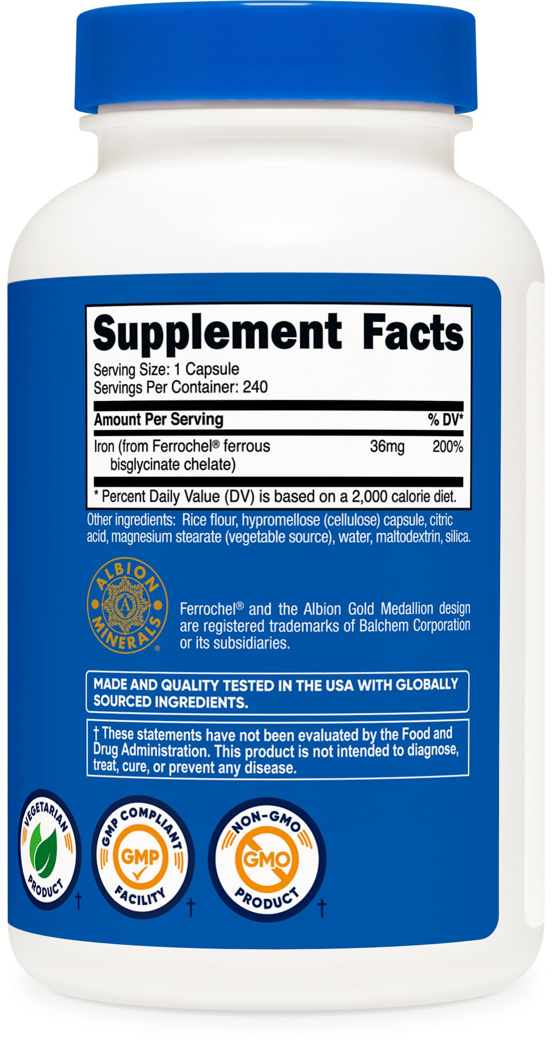 Nutricost Chelated Iron, As Ferrochel, 36mg, 240 Capsules