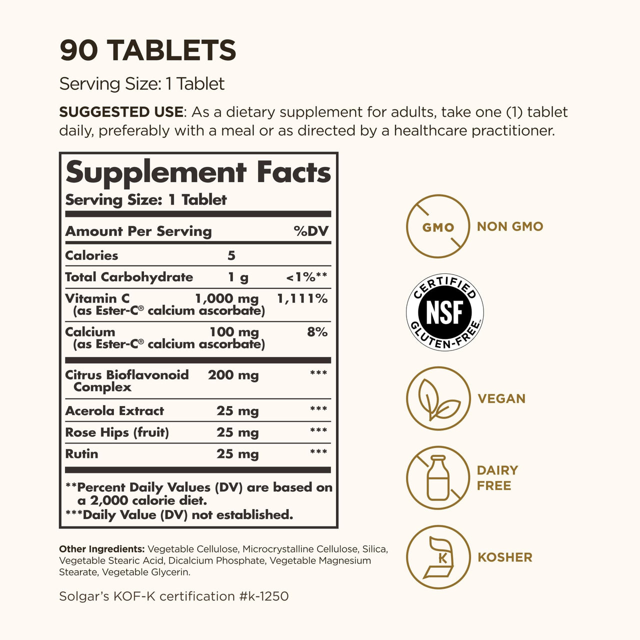 Solgar Ester-C Plus 1000 mg Vitamin C (Ascorbate Complex), 90 Tablets - Gentle On The Stomach & Non Acidic - Antioxidant & Immune System Support - Non GMO, Vegan, Gluten-Free, Kosher - 90 Servings