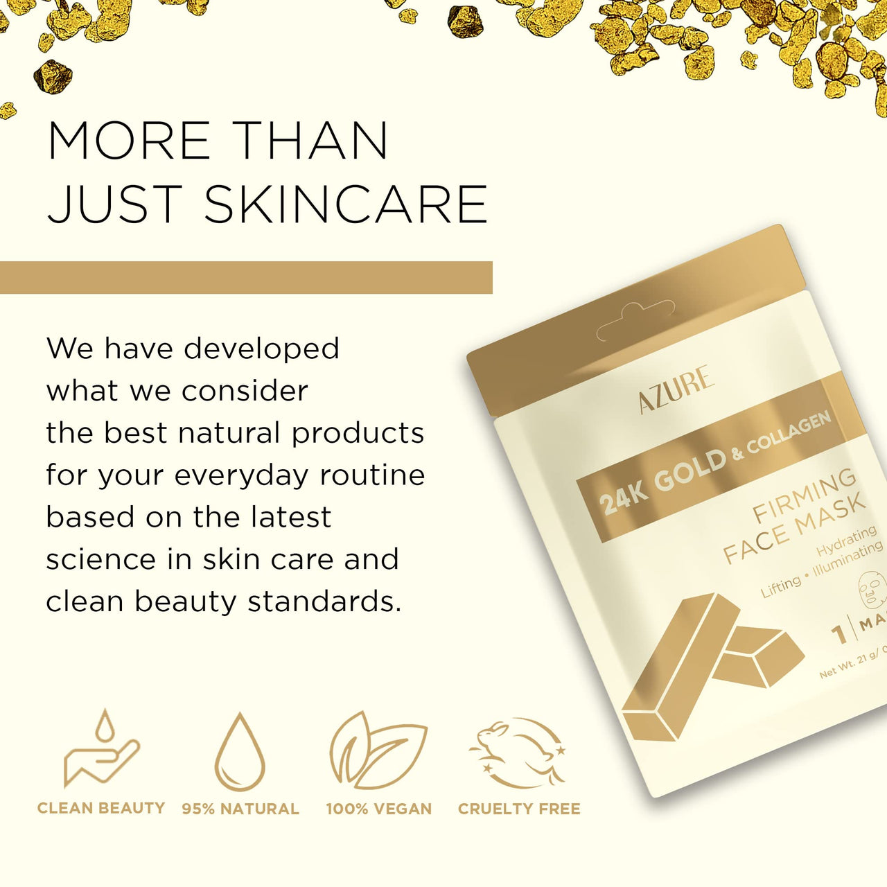 Azure Cosmetics 24K Gold Firming Face Mask- Anti Aging, Hydrating, Toning & Firming Facial Sheet - Helps Reduce Wrinkles & Fine Lines - With Hyaluronic Acid & Collagen - Made in Korea - Pack of 5