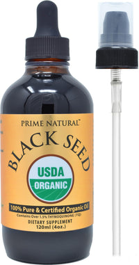 Thumbnail for Prime Natural Organic Black Seed Oil 4oz - Cold Pressed Unrefined High Thymoquinone 1.7% USDA Certified - Turkish Origin Potent Nigella Sativa Liquid - Vegan Omega 3 6 9, Antioxidant