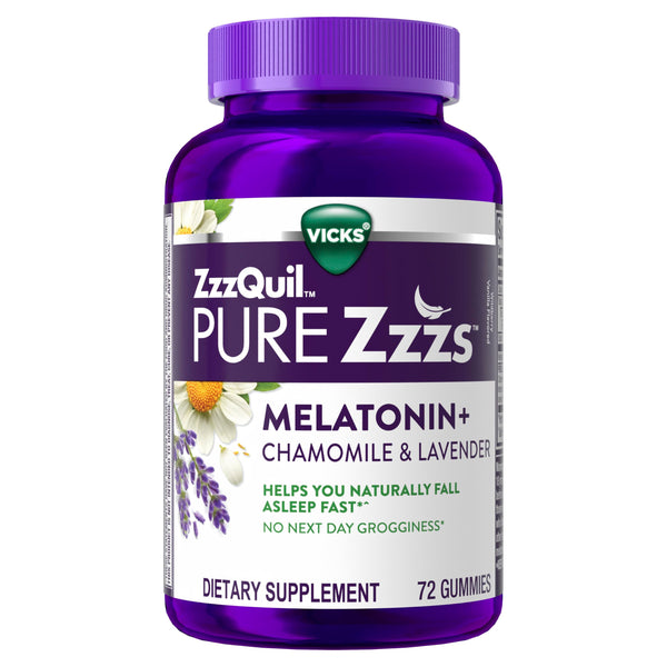 ZzzQuil PURE Zzzs Melatonin Gummies, Sleep Aid, Melatonin 2mg, with Chamomile & Lavender, Melatonin Sleep Gummies, Sleep Aids for Adults, Wildberry Vanilla Flavored, 72 Sleep Gummies