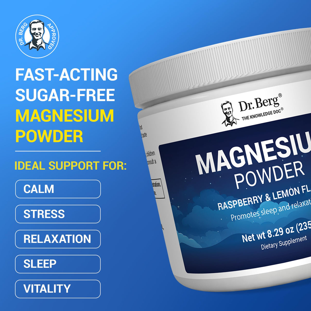 Dr. Berg Magnesium Glycinate Powder for Sleep, Relaxation, & Stress Relief - Raspberry & Lemon Flavor (50 Servings) Magnesium Powder - Ideal for Bedtime Support & Calming