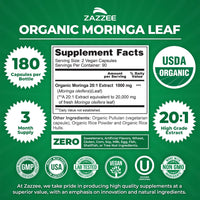 Thumbnail for Zazzee USDA Organic Moringa Leaf 20:1 Extract, 180 Vegan Capsules, 3 Month Supply, Certified Kosher, Moringa Oleifera, Antioxidant, Immune & Cellular Support, Superfood Supplement, Made in the USA