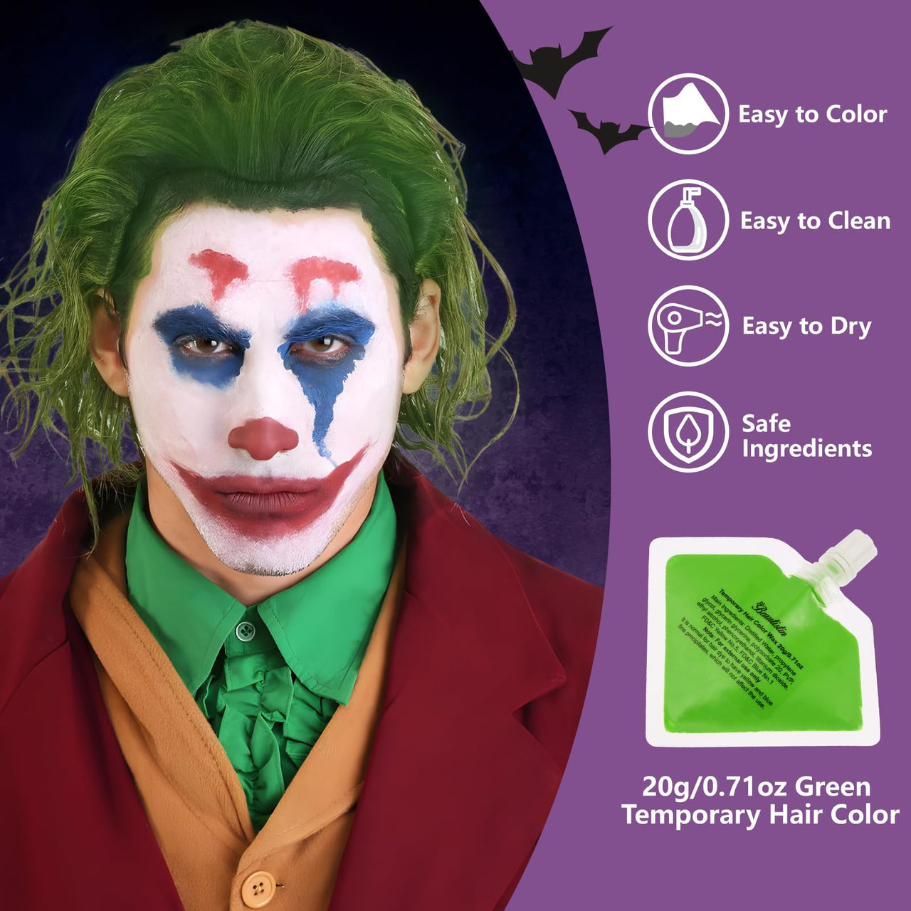 Halloween Joker Clown Makeup Kit - Joker Make Up Kit Includes White Red Black Blue Oil Based Face Body Paint and 20g Green Temporary Hair Color Wax, Powder Puff and 3 Blue Brushes, for Joker Cosplay