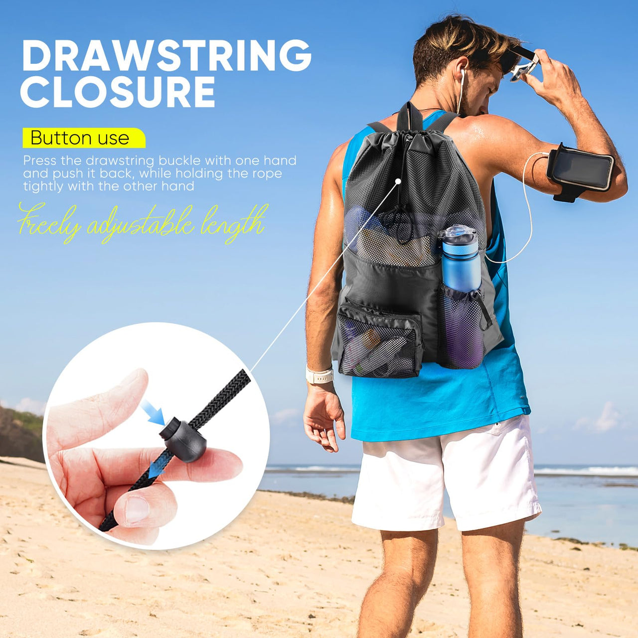 HOHOM Mesh Swim Bag Beach Drawstring Backpack, Waterproof Gym Bags for Women and Men, Large Pool Bag Swimming Gear for Swimmers