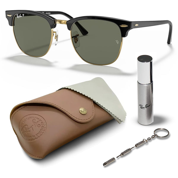 Ray-Ban RB3016 Clubmaster Classic Square Shape Sunglasses With Eyewear Kit Bundle - High Bridge Fit - Ideal Formal and Casual Wear Square Sunglasses