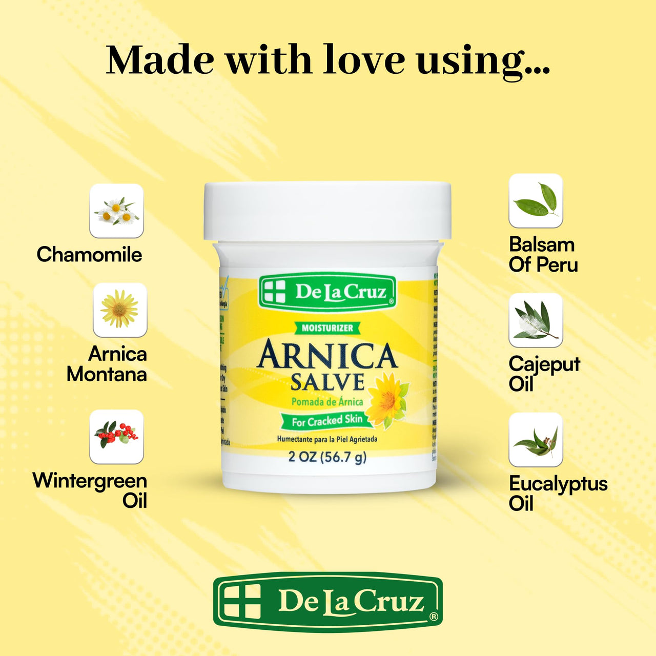 De La Cruz Arnica Salve - Foot Cream for Dry Cracked Heels and Feet - Moisturizing Hand Salve for Dried Hands - 24 Hour Moisture Foot Cream for Dry Cracked Feet and Rough Skin - (2 Ounces)