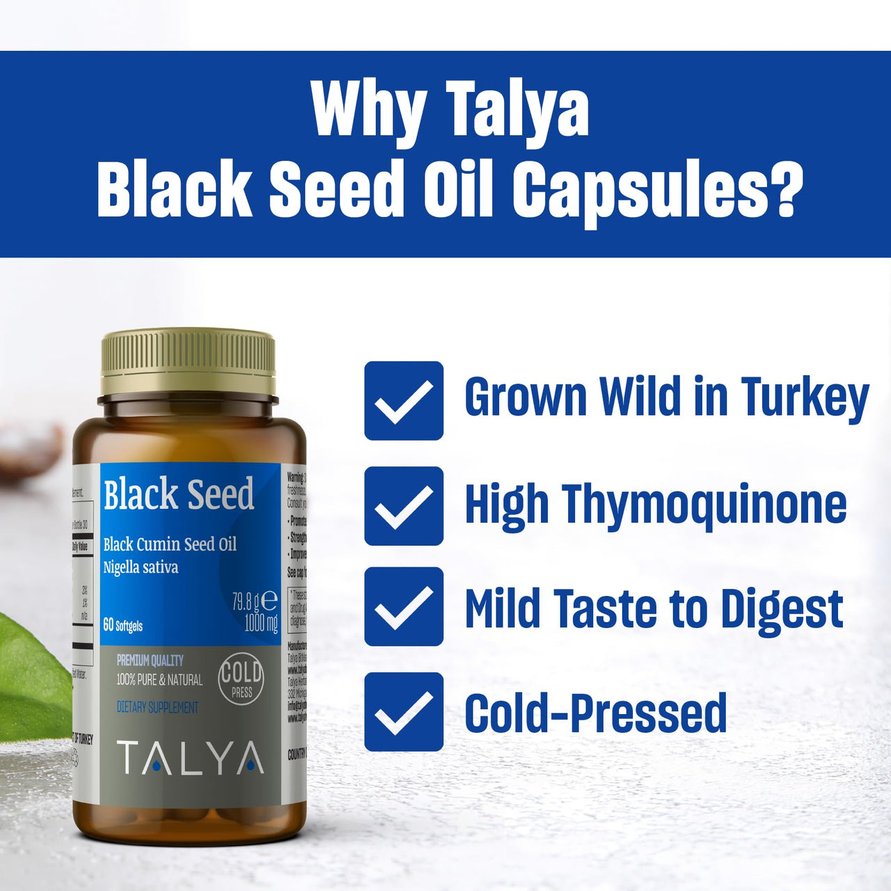 TALYA Black Seed Oil Softgel with High Thymoquinone - Immune Support - Digestive Health - Brain Function - Joint Mobility - Cold-Pressed from Non-GMO Turkish Black Cumin Nigella Sativa Seeds
