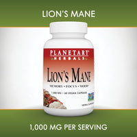 Thumbnail for Planetary Herbals Lion's Mane, for Memory, Focus, and Mood*, 1,000 mg - 60 Vegan Capsules