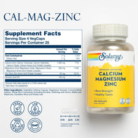 Thumbnail for SOLARAY Calcium Magnesium Zinc Supplement - with Calcium 1000mg, Magnesium 500mg - Bone Health, Muscle Function, Heart Health and Immune Support - Vegan, 60 Day Guarantee, 25 Servings, 100 VegCaps
