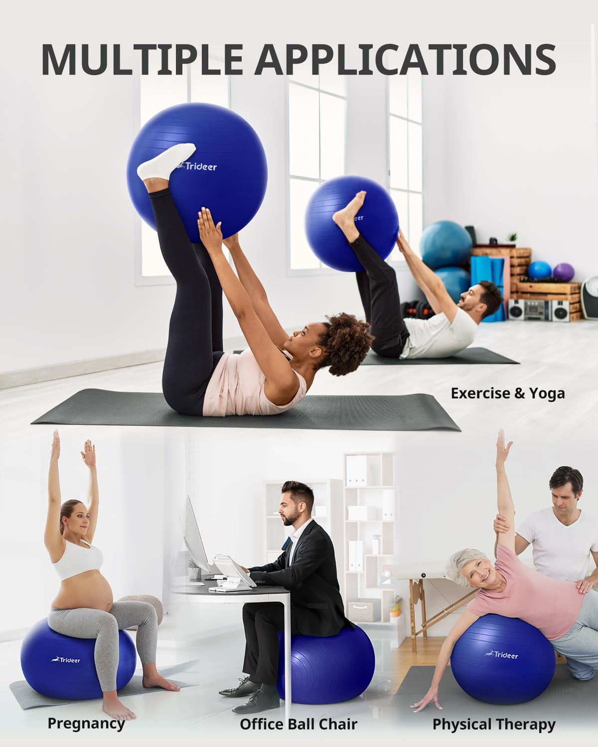 Trideer Extra Thick Yoga Ball Exercise Ball, 5 Sizes Ball Chair, Heavy Duty Swiss Ball for Balance, Stability, Pregnancy, Physical Therapy, Quick Pump