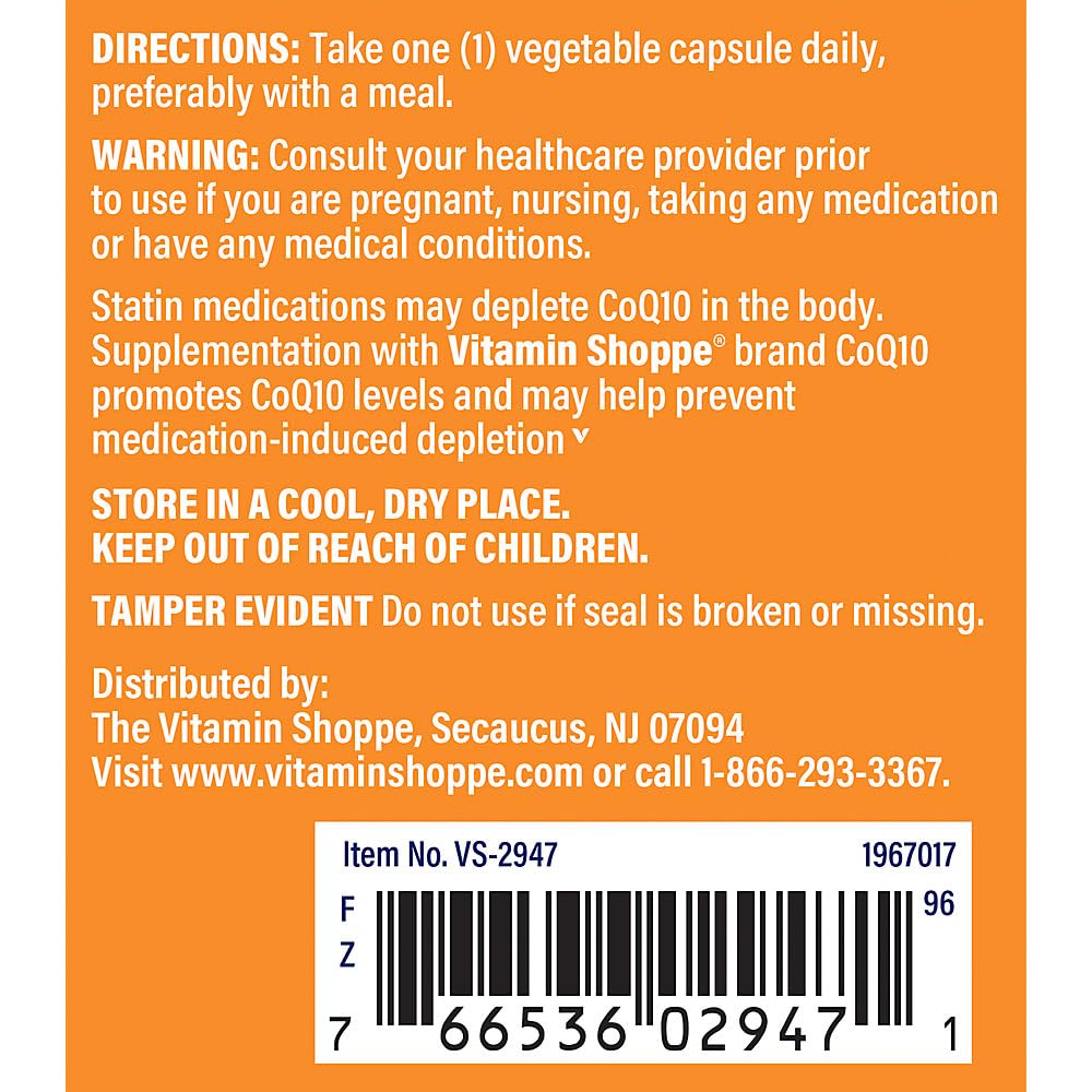 The Vitamin Shoppe CoQ-10 100mg - Beneficial for Those Taking Statins – Supports Heart & Cellular Health and Healthy Energy Production, Essential Antioxidant – Once Daily (180 Capsules)