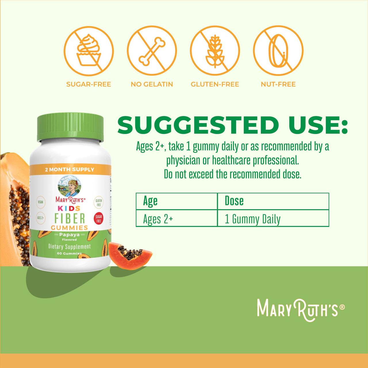 MaryRuth Organics Fiber Gummies for Kids | 2 Month Supply | Sugar Free | Soluble Fiber Supplement | Gut Health & Digestion Support | 3g Fiber per Gummy | Vegan | 60 Count