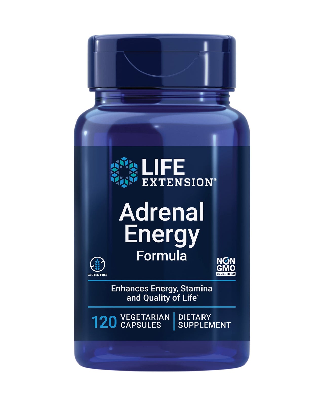 Life Extension Adrenal Energy Formula, Helps inhibit The Effects of Stress, holy Basil, cordyceps, bacopa and ashwagandha, Gluten Free, Non-GMO, Vegetarian, 120 Capsules