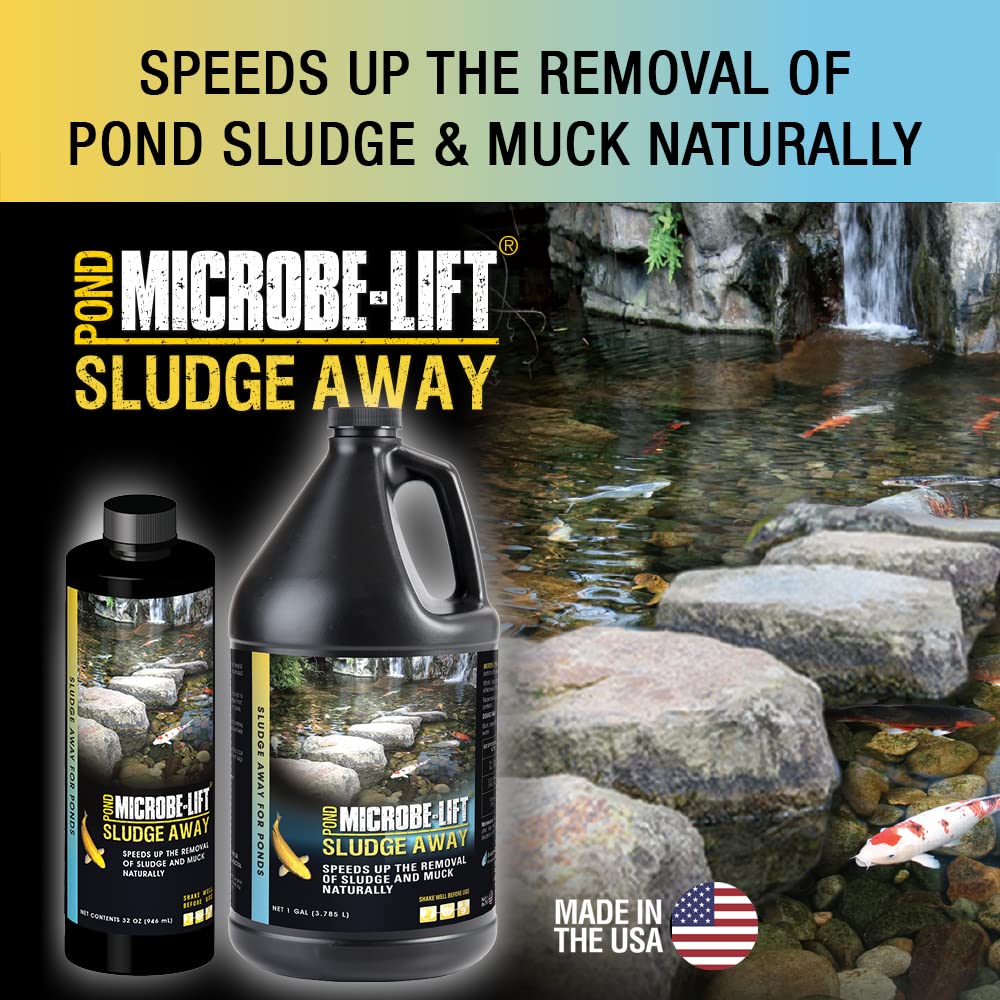 MICROBE-LIFT MLXSAG4 Sludge-Away Pond and Outdoor Water Garden Sludge Remover, OK for Live Koi Fish, Plant Life, and Decor, 1 Gallon