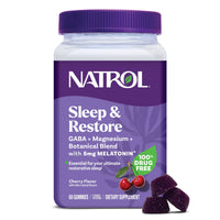 Thumbnail for Natrol Sleep + Restore Magnesium Glycinate Blend Gummies with Melatonin 5mg - Calm Magnesium with GABA, Botanical Blend, Cherry Flavor, 60 Gummies