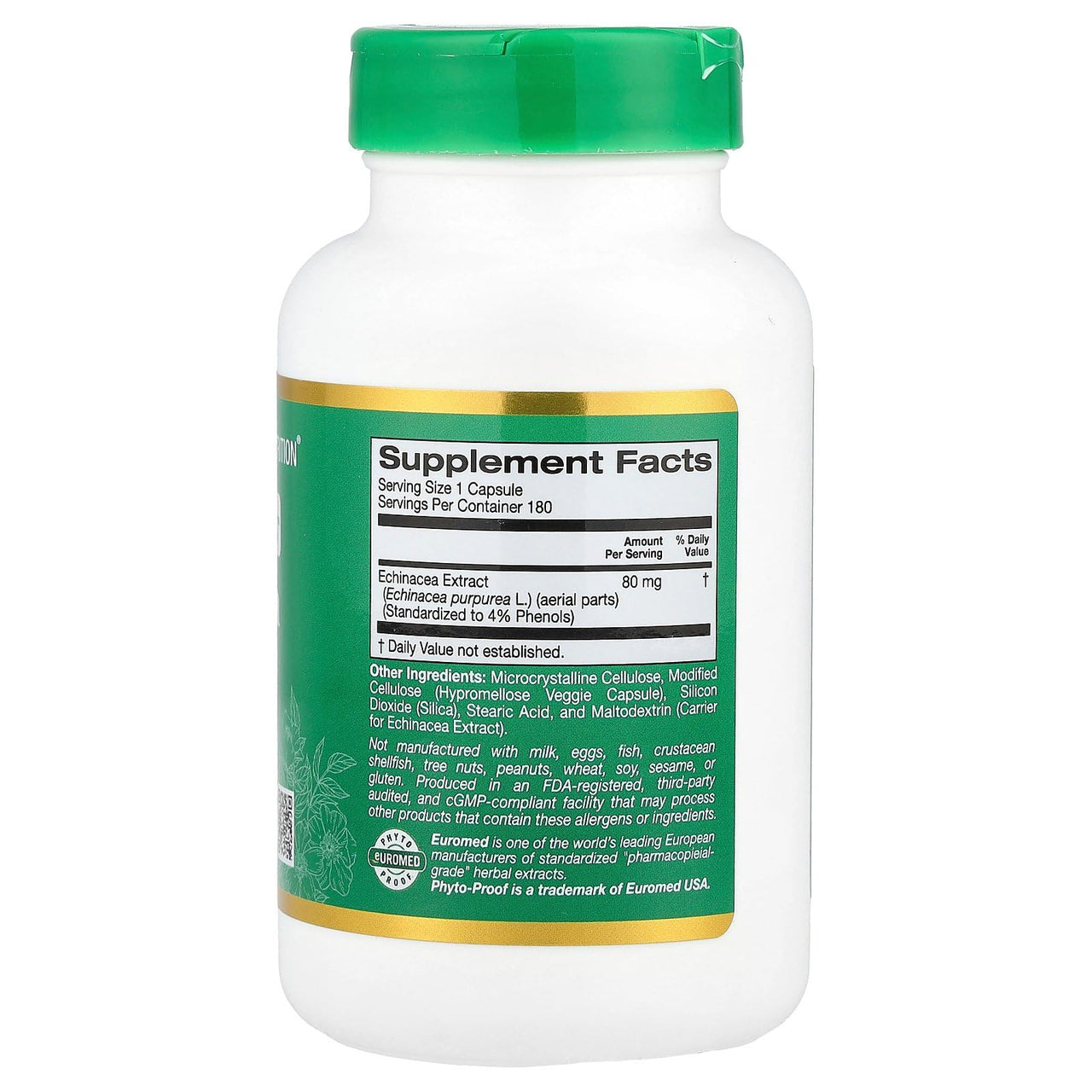 California Gold Nutrition EuroHerbs™, Echinacea Herb Extract, Euromed Quality, 80 mg, 180 Veggie Capsules