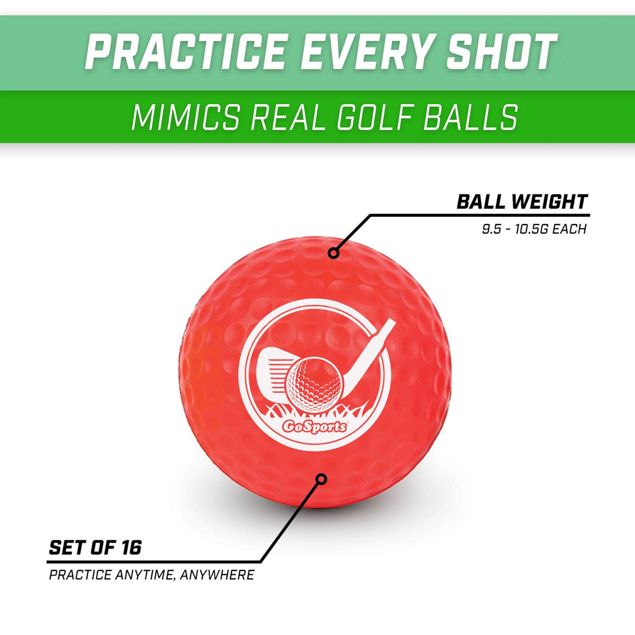 GoSports Foam Golf Practice Balls - 16 Pack Realistic Feel and Limited Flight Use Indoors or Outdoors
