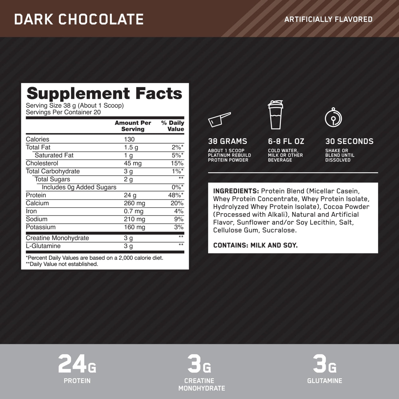 Optimum Nutrition Platinum Rebuild, Premium Platinum Blend Protein Powder with Creatine Monohydrate, Dark Chocolate, 20 Servings