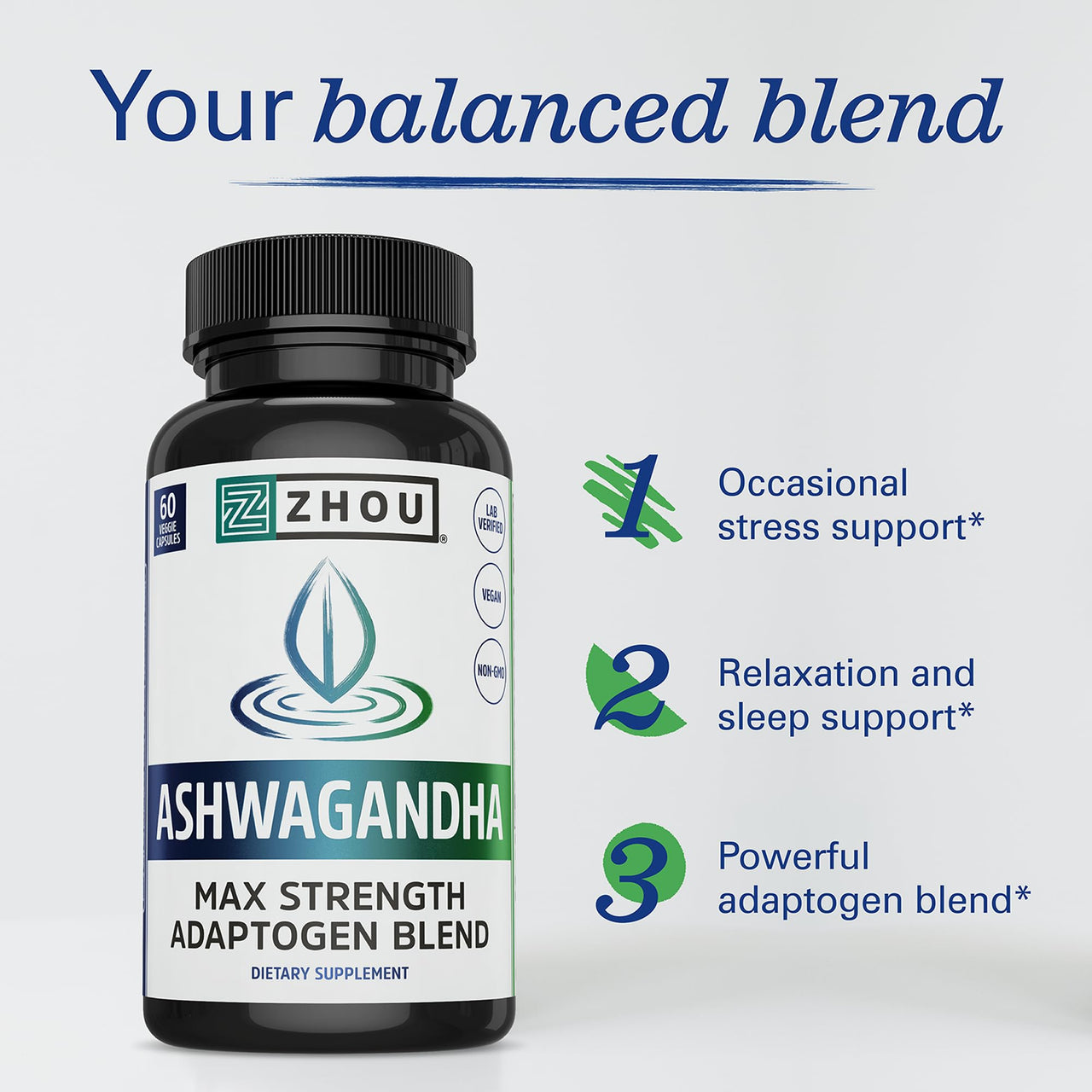 Zhou Nutrition Ashwagandha Capsules, Mood Enhancer, Energy Boost, Blend of Rhodiola, Holy Basil, Cordyceps, Reishi & Ashwagandha Supplement, 30 Servings, 60 Capsules