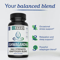 Thumbnail for Zhou Nutrition Ashwagandha Capsules, Mood Enhancer, Energy Boost, Blend of Rhodiola, Holy Basil, Cordyceps, Reishi & Ashwagandha Supplement, 30 Servings, 60 Capsules