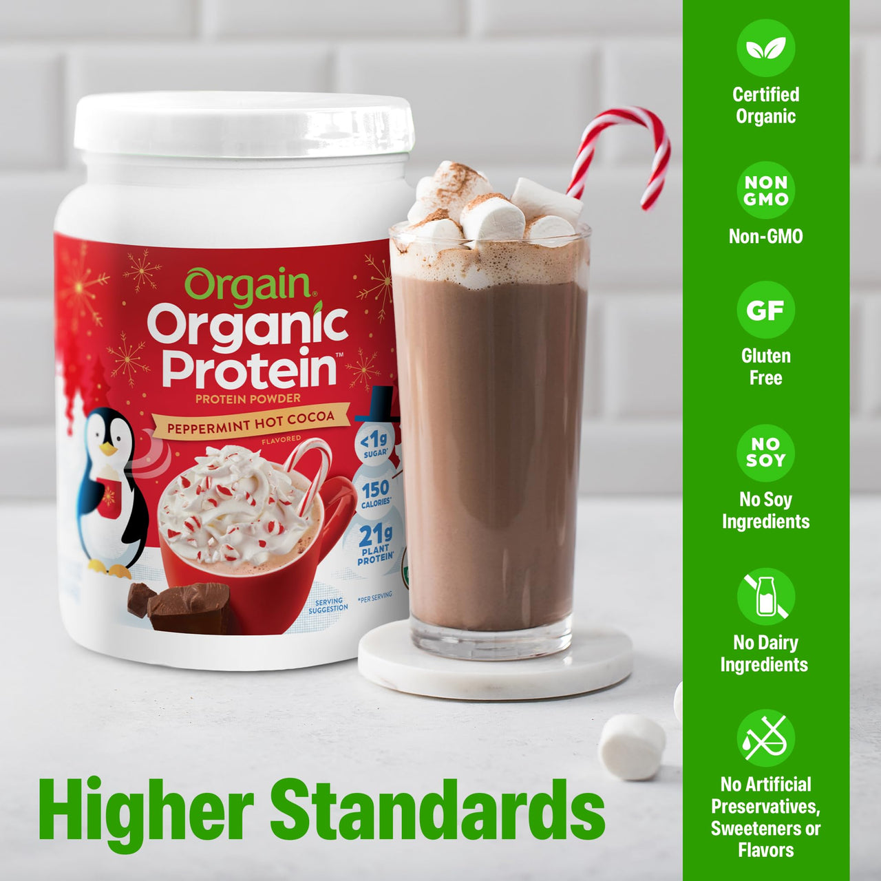 Orgain Organic Vegan Protein Powder, Peppermint Hot Cocoa Holiday Flavor - 21g of Plant Protein, 5g Prebiotic Fiber, No Lactose Ingredients, No Added Sugar, Non-GMO, For Shakes & Smoothies, 1.02 lb