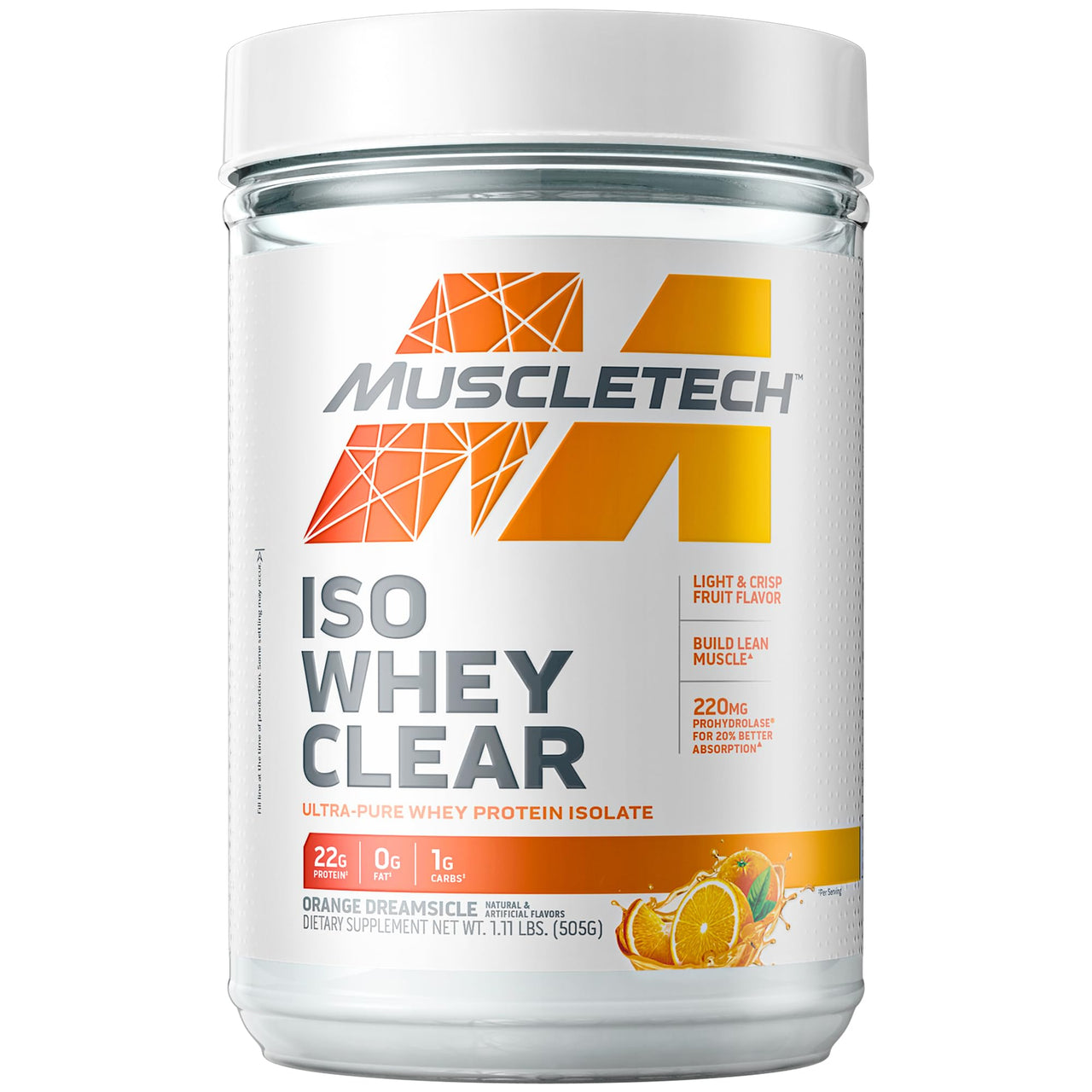 MuscleTech Whey Protein Powder Clear Whey Protein Isolate Whey Isolate Protein Powder for Women & Men Clear Protein Drink 22g of Protein, 90 Calories Orange Dreamsicle, 1.1lb (19 Servings)