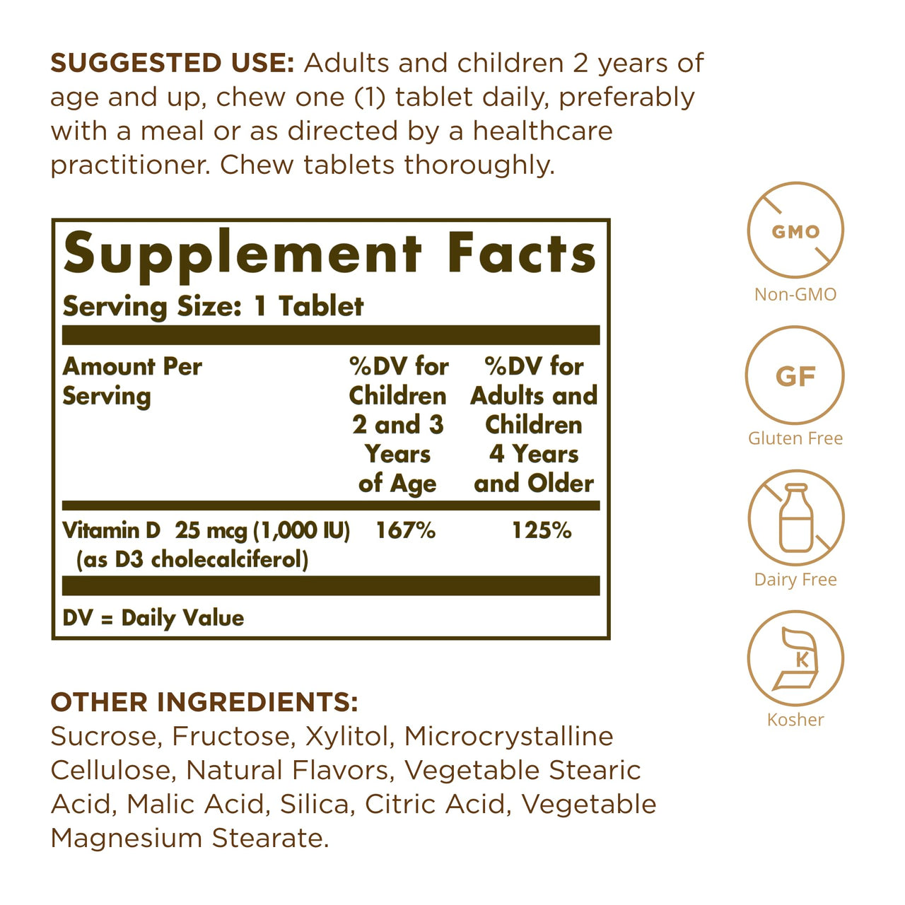 Solgar Vitamin D3 (Cholecalciferol) 25 mcg (1000 IU), Natural Strawberry Banana Swirl - 100 Chewable Tablets - Non-GMO, Kosher - 100 Servings (Pack of 2)