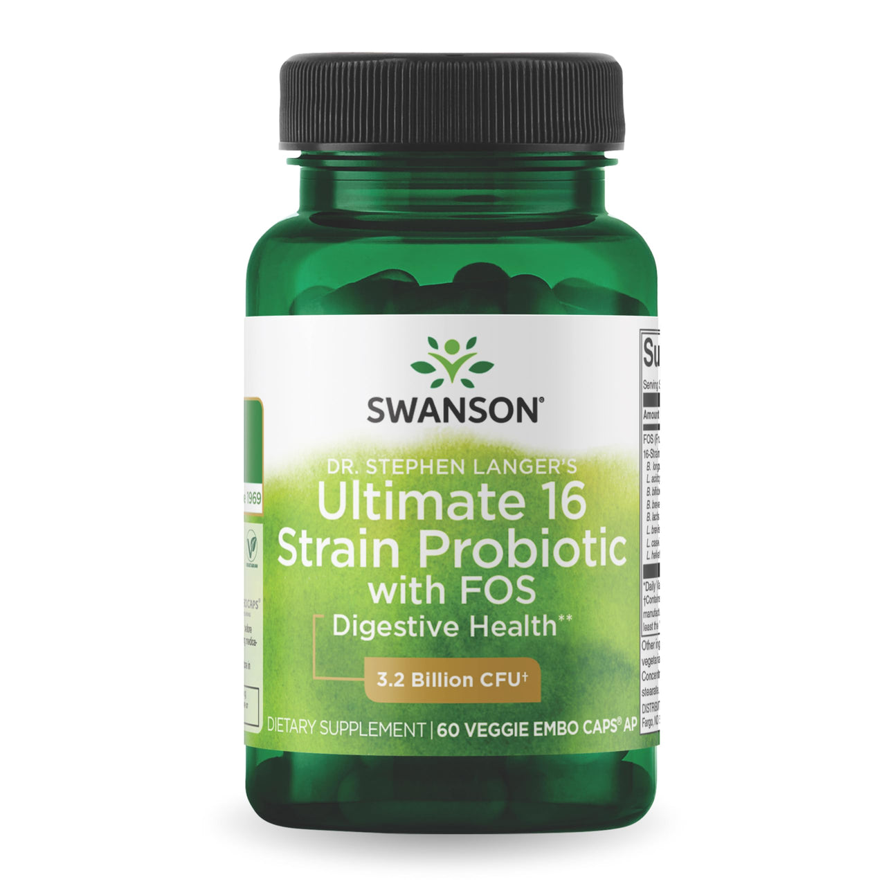 Swanson Dr. Stephen Langer's Formula - Natural Probiotic w/Prebiotic FOS - 16-Strain Supplement Promoting Digestive Support w/ 3.2 Billion CFU per Capsule - (60 Veggie Capsules)