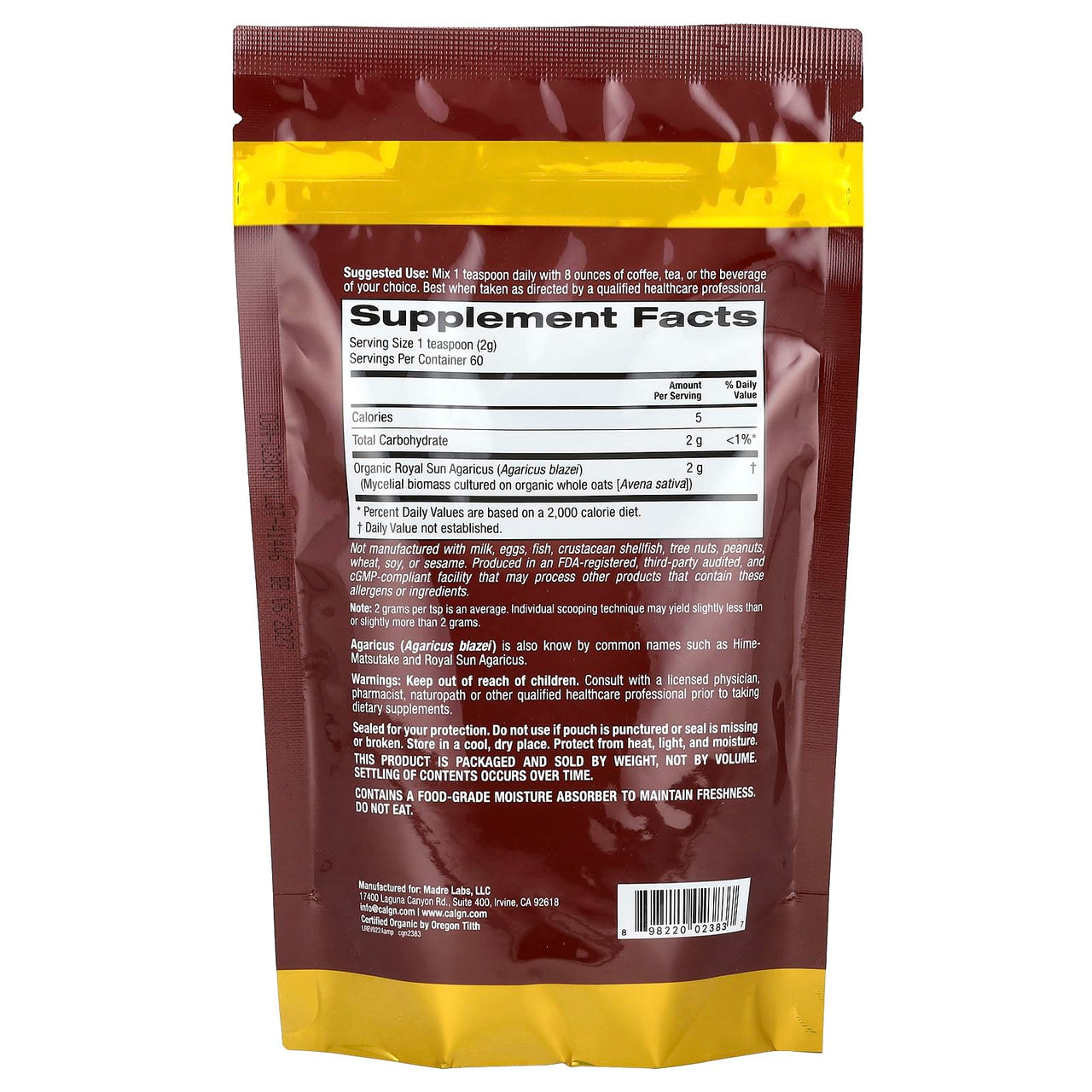 California Gold Nutrition Fungiology®, Certified Organic Agaricus Powder, 4.2 oz (120 g)