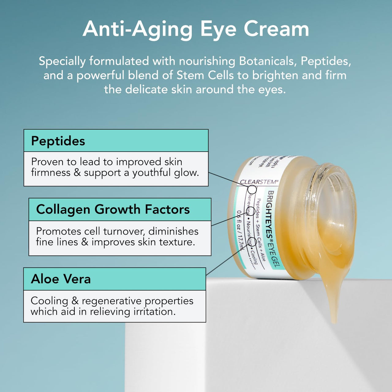 CLEARSTEM - BRIGHTEYES - Nourishing Eye Gel - For Puffy Eyes, Crow's Feet, & Dark Circles - Made with Collagen, Stem Cells, Peptides & Aloe Vera - Vegan - Gluten Free - Men & Women - 0.6 oz
