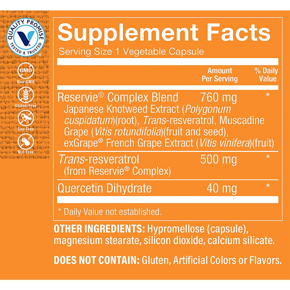 The Vitamin Shoppe Trans-Resveratrol 500mg - Cardiovascular & Longevity Support | Potent Antioxidant | 60 Veggie Caps | Non-GMO Vegan