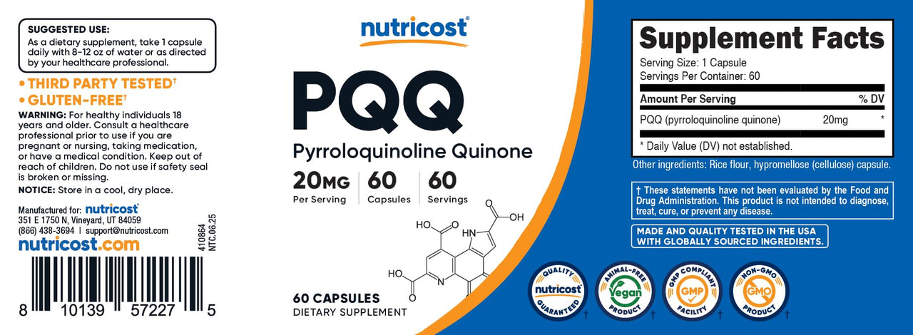Nutricost PQQ (Pyrroloquinoline Quinone) 20mg, 60 Capsules - Vegetarian Capsules, Non-GMO, Gluten Free