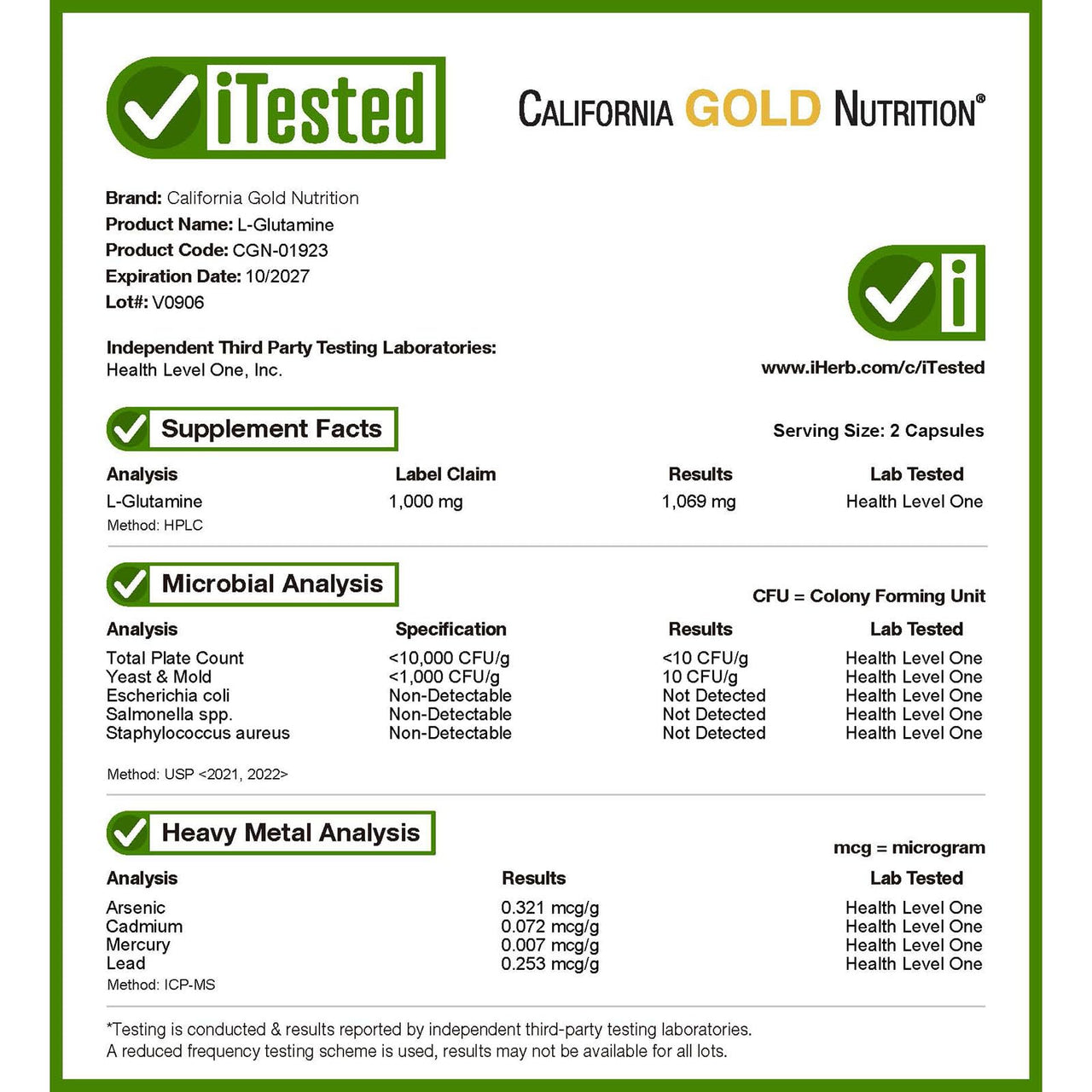 California Gold Nutrition L-Glutamine, AjiPure, 120 Veggie Capsules (500 mg per Capsule)