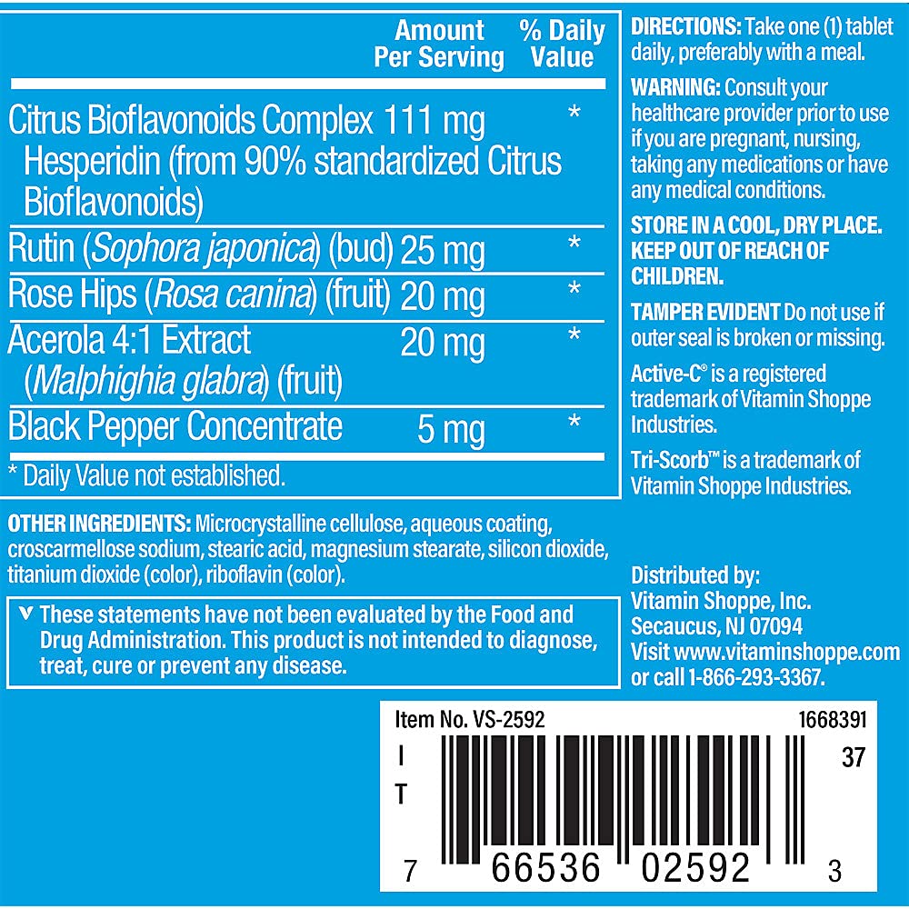 The Vitamin Shoppe Active-C with Bioflavonoids, Supports Immunity, Vascular Health, Antioxidant, 500 MG (100 Tablets)